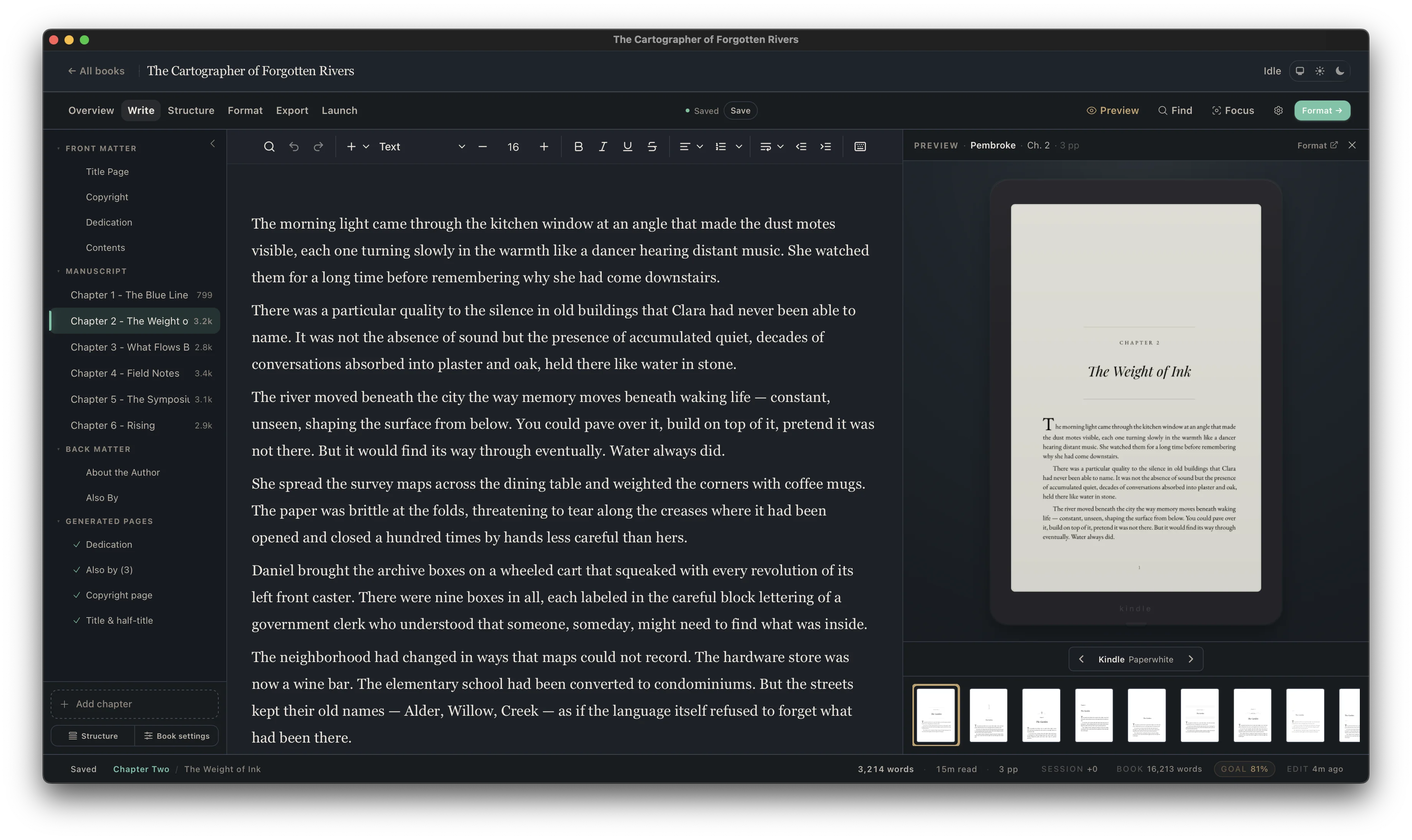 Cambric — manuscript editor with live typeset preview showing a formatted chapter alongside a Kindle preview