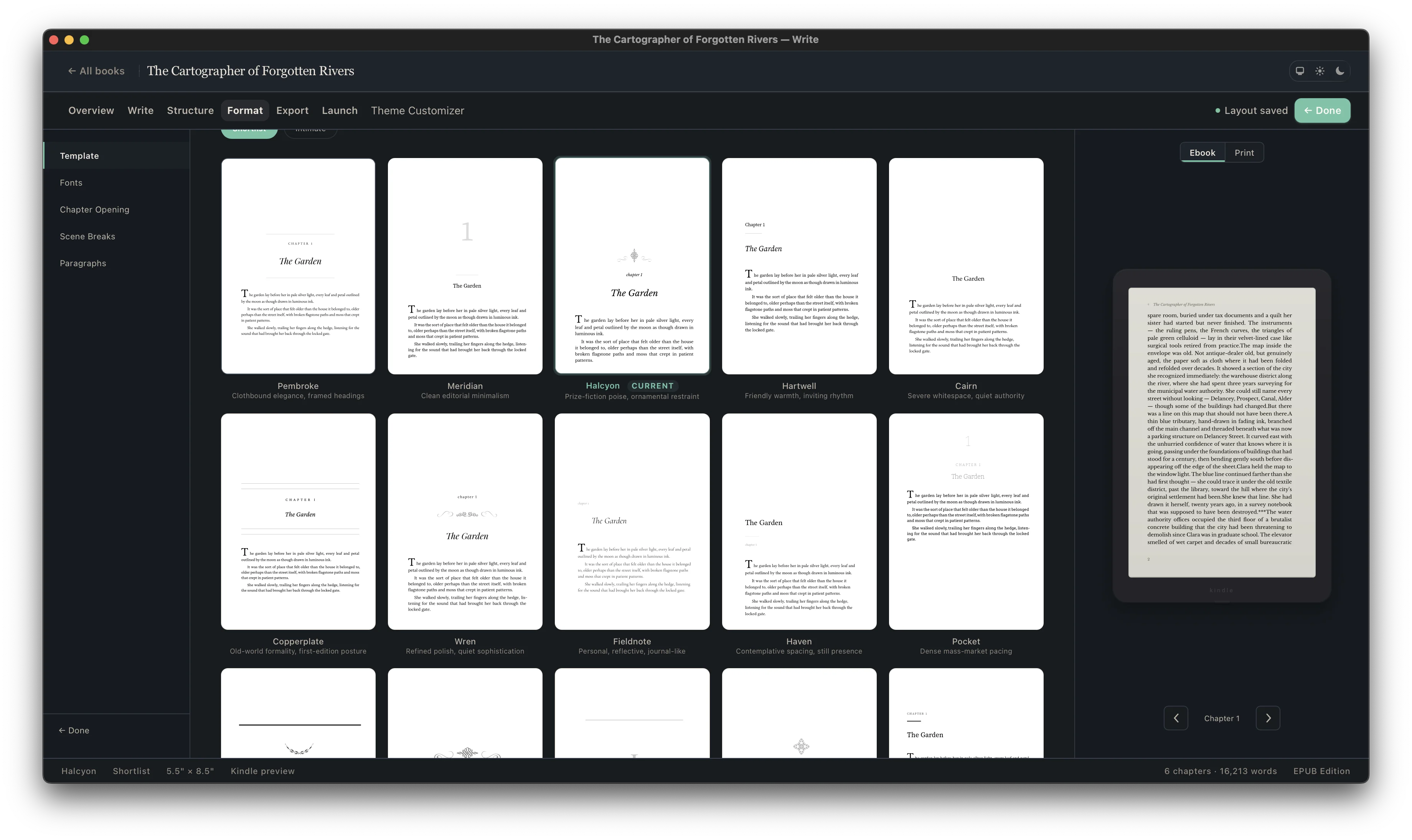 Cambric template gallery showing 20+ professional book designs with live preview